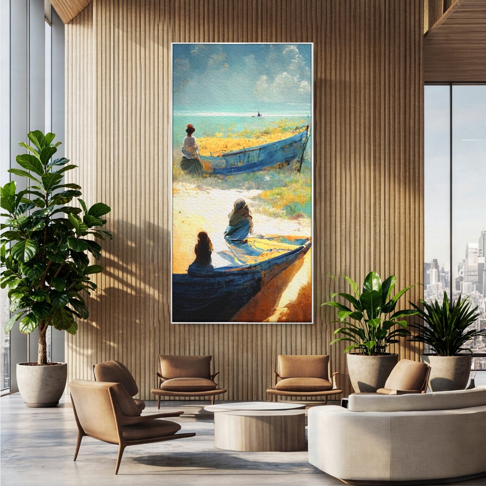 Tablou canvas cu tablou canvas cu femei pe plaja si barci, in rama de aluminiu argintiu, pe perete intr-un birou